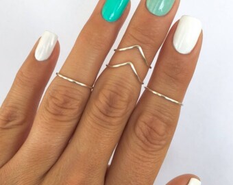 4 Midi Rings in Silver, Chevron and Simple Band Midi Rings. Wear these non tarnish mid knuckle stacking rings in many combinations!