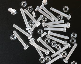 Pack of 20 Transparent Clear Plastic Acrylic Nuts & Bolts - Various Sizes