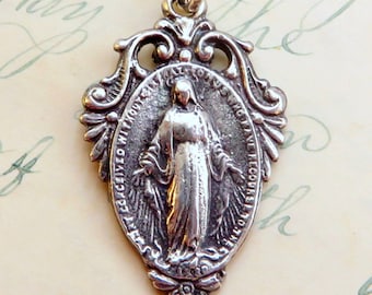 Sterling Silver Miraculous Medal / Virgin Mary Medal - Antique Replica Medal