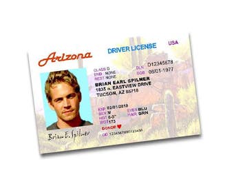 Fast and the Furious Drivers License - Arizona - Costume Prop, Paul Walker - Brian Spilner
