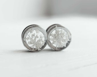 pressed flower white wedding plug and tunnel terrarium jewelry gauge plug ear tunnel 00g 0g1/2 3/8 gauge earrings ear stretchers ear weights
