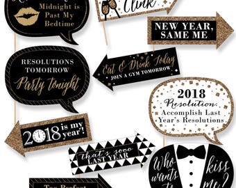 Funny New Year's Eve Photo Booth Props - Gold and Black Photobooth Prop Kit - 2018 New Year's Party Props Kit - 10 Photo Props & Dowels