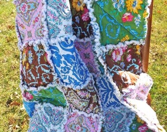 On Sale Floral Lap Rag Quilt - Lap Rag Quilt - blue, brown, yellow, green, pink - Gift for Her