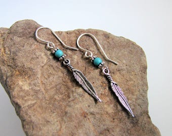 Silver Feather & Magnesite Hand Forged Dangle Earrings