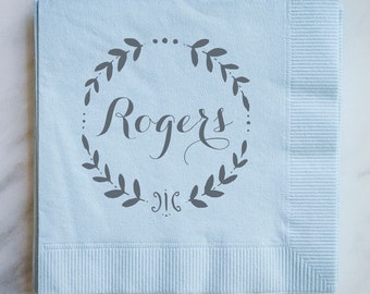 Personalized Wedding Napkins with Wreath, Custom Wedding Napkins, Personalized Foil Printed Napkins, Gold Foil Napkins, Monogrammed Napkins
