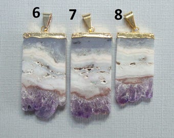 Amethyst Slice Gold Electroplated Pendant, Vertical Amethyst Slice Gold Pendant, m1