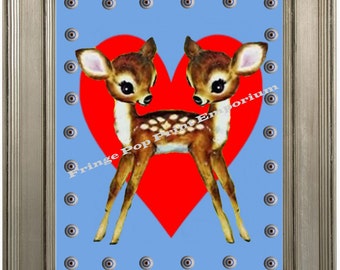 Siamese Twins Deer Sideshow Art Print 8 x 10 - Whimsical Kawaii - Hearts