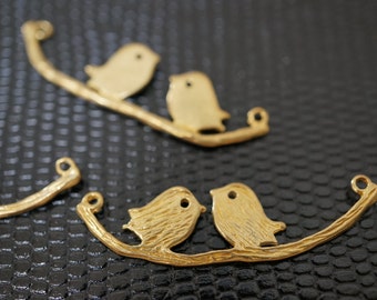 High Quality Raw Brass Cute Love Birds On Branch Charm Pendants - 1 pc