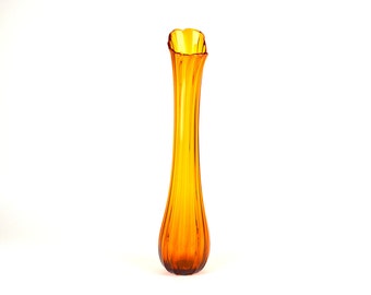 Extra Tall Gold Vase Ornate Art Glass Decor Decoration Retro Mid-Century Amber Yellow Flowers Repurpose Arrangement Wavey MCM 1970 Orange