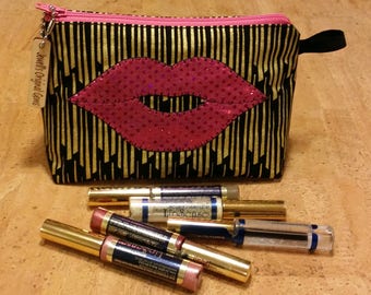Cosmetic bag, LipSense distributors, purse, pouch, Makeup bag, travel, black with gold pattern, luscious hot pink lips