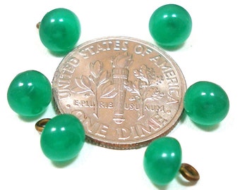Itty Bitty BUTTONS, 6 Tiny green glass. Doll size, 1/4".