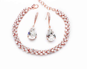 Swarovski crystal earrings, Rose Gold bracelet, bridesmaid jewelry set, crystal bridesmaid jewelry, crystal wedding set, bridesmaid set