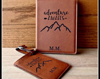 Passport Cover and Luggage Tag Set, Leather, Adventure Awaits, Personalized Passport, Luggage Tag, Bride, Groom Gift, Anniversary, Christmas