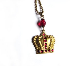 Red crown necklace - brass - swarovski crystal
