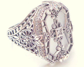 Size 9, Vintage Camphor Glass Ring, Sterling Silver Filigree, Edwardian Fantasy, Art Deco Ring, Victorian Style, Diamond Ring