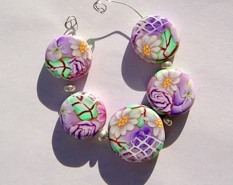 Purple Floral Window Artisan Polymer Clay Bead Set with Focal and 4 Beads