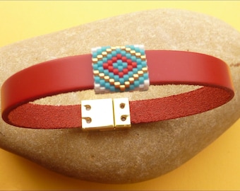 Red leather bracelet with woven beads