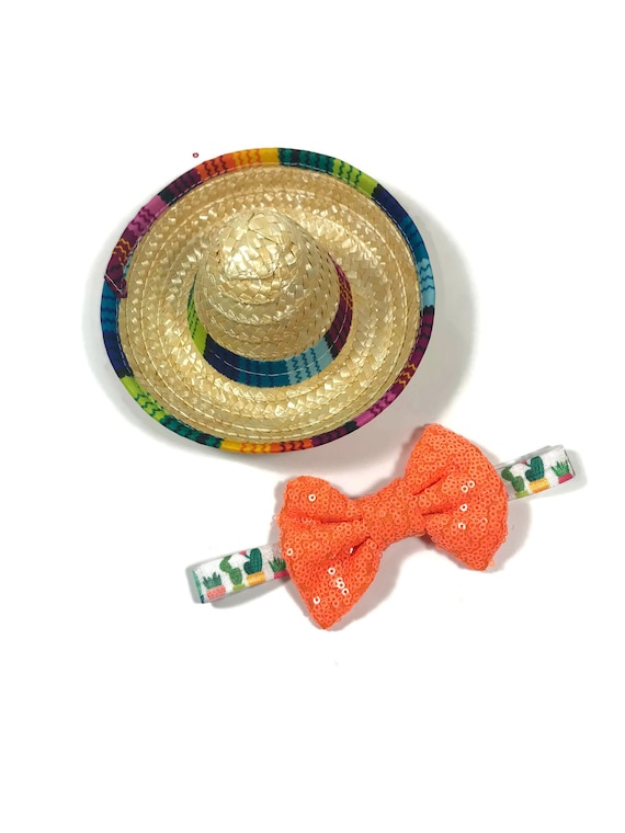 Sombrero + Bow Tie || Mini Sombrero || Dog Hat || Straw Hat || Mini Sombrero || Fiesta Party || Fiesta Hat