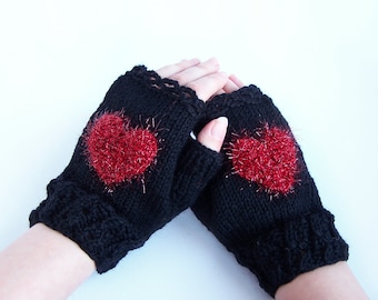 Heart fingerless wool mittens For adult woman teen Winter Love Valentine day gift Chunky warm and cozy Medium size M L XL