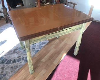 Mid Century Vintage Wood Table with Extendable Porcelain Enamel Table Top 1940s/50s/60s SHIPPING INCLUDED
