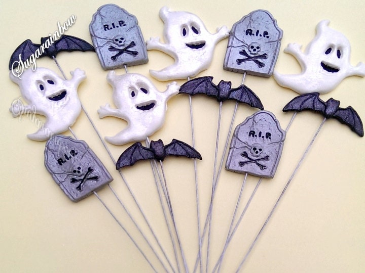Edible sugar Halloween cake decorations ghost tomb bats