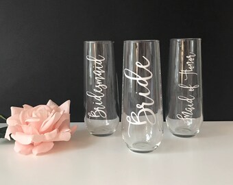 Personalized Stemless Champagne Flutes | Bride & Bridal Party Champagne | Bridesmaids Glasses