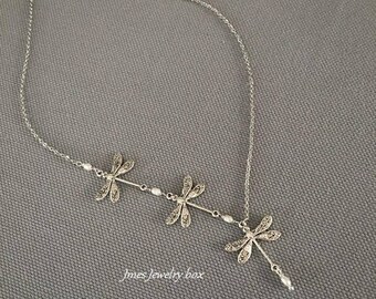 Silver dragonfly necklace with tiny freshwater pearls, Dragonfly trio necklace, Three silver dragonflies, Silver dragonfly necklace