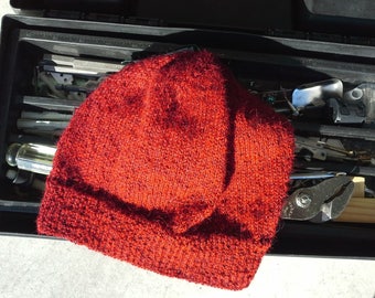 Men's Alpaca Beanie - Mens Tomato Red Wool Hat - Light Hand Knit Winter Hiking Skiing Snowboarding Gent's Hat (One Size - Ready to Ship)