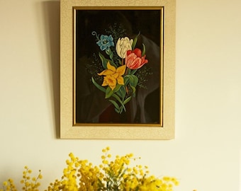 Vintage Flower painting, Floral Painting, home decor vintage, Wall Frames Gallery, 1970s