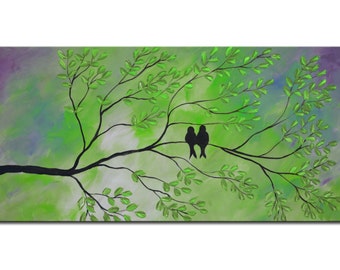 Abstract Birds Giclee, Birds print, colorful print, art print, abstract green print, love birds print,print on canvas, green birds giclee