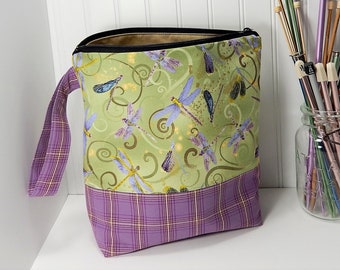 Dragonfly Knitting bag, project bag, knitters gift, knitting pouch, work in progress, purple, gift for knitter