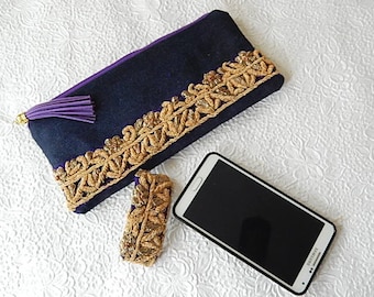Denim purse, beaded purse, gold beaded pouch, fabric purse, zippered pouch, fashion accessory, womens accessory