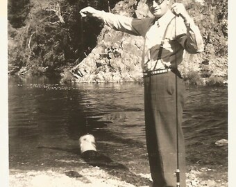 Vintage Photo "George Catches The Elusive Tin Can Fish" Fisherman Fishing Rod Found Vernacular Photo