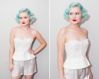 50's Style White Eyelet Bustier | Sweetheart Bust | Peplum Blouse | Size Small