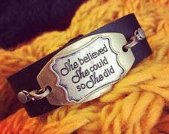 Bracelet { She believed she could so she did } Adjustable. Leather wrap. Change the charms out.