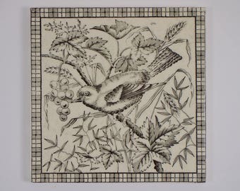 Antique 1890s English Victorian bird & berries pottery tile