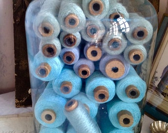 Antique Bobbins, Wooden & Wool Reels, Pastel Blue Grey Spindles Sewing Supplies /2pc Rustic Primitive Home Decor OOAK