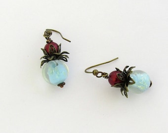 Aqua and Red Glass Beads with Flower Boho Style Dangle Earrings by Carol Wilson of Je t'adorn