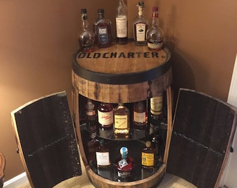 barrel whiskey bourbon oak coffee table cabinet storage rustic crescent doors double