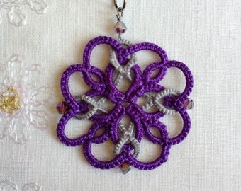 Tatted Celtic Pendant - purple - gray - 5 centimeters - purple ribbon - interlinked - unique design - cotton thread - office - afterwork