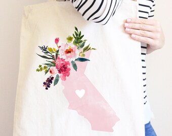 California Market Bag, Cotton Canvas State Bag with Flowers