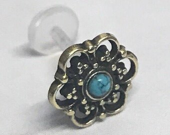 Turquoise Brass Mandala Flower Bioplast Internal Push Fit Labret Stud - 1.2mm Gauge - suitable for lip, tragus, helix etc - UK Seller