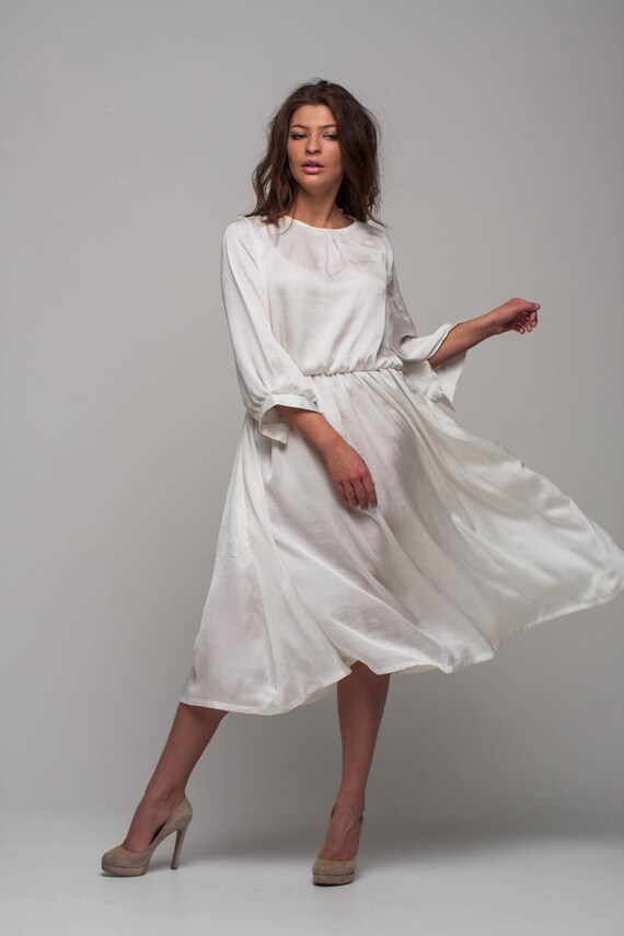 White bridal dress Silk loose dress Bridesmaid midi dress