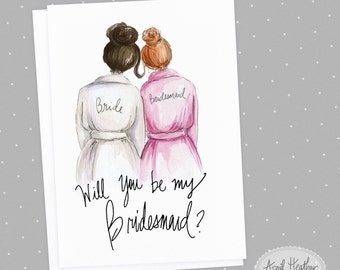Bridesmaid PDF Download printable cards, dark brunette bride, red head bridesmaid Will you be my bridesmaid invitation