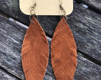 Rust Leather Feather Earrings
