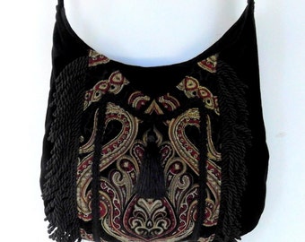 Fringed Gypsy Tapestry Bag Messenger Renaissance Crossbody Black Velvet Boho Purse