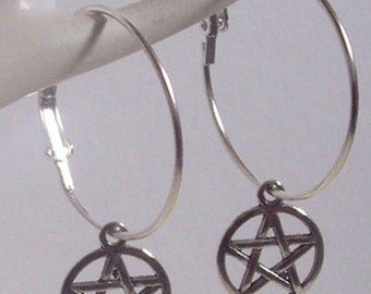 Pentagram Earrings , Pentagram Hoops , Pentacle Earrings , Silver Hoops , Wicca Earrings , Pagan , Hoop Earrings , Wicca Jewelry , Gift