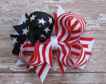 Petite 4 inch Patriotic Red White Navy Blue Stars & Stripes July 4th Independence Day Layered Boutique Hair Bow