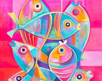 Cubist painting Abstract Art Original Oil canvas Fish Marlina Vera Modernist Cubism artwork Cubiste Poisson Pescado sale modernism fauve