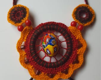 Fiber art necklace with Venetian glass beads